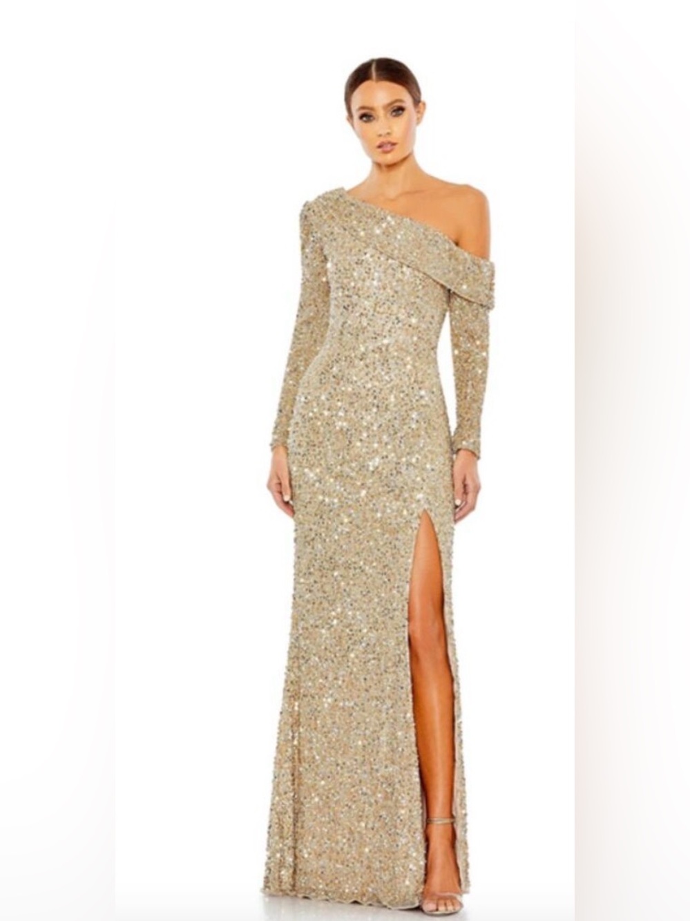 MAC DUGGAL Dress Size 16 Evening Gown Sequin NEW Gold Off Shoulder Fold Over